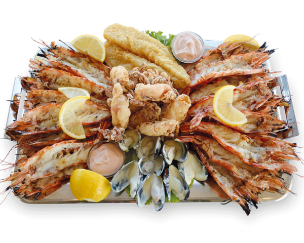 Πιατέλα Κέρκυρα - Γαρίδες Πρίγκηπας, Μύδια σως μουστάρδας, φιελέτο ψαριου, καλαμαρι τηγανιτό