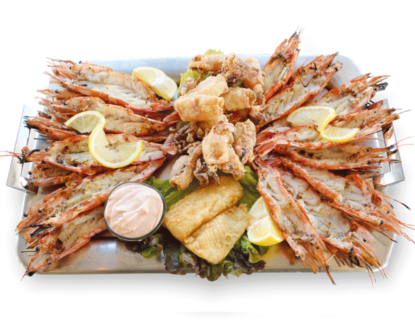 Πιατέλα Πάρος - Ψαροταβερνα Island Basket Λουτσα - Γαριδες, Φιλετο Ψαριου, Καλαμαρι